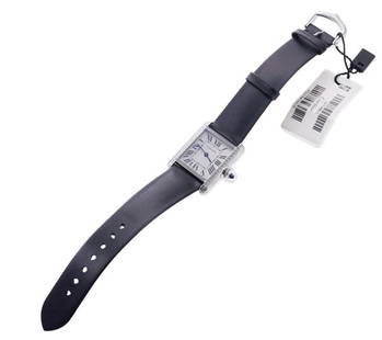 Cartier Tank Diamond Steel Watch 4322: METAL: Stainless Steel. MEASUREMENTS: case 22mm excl crown x 28mm. Original band and buckle - brand new. Silvered dial with diamond bezel, sapphire crown. MOVEMENT: Quartz - working order. Ref. 4322.