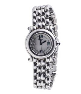 Chopard Happy Sport Floating Diamond Steel Watch 27 8250 23: METAL: Stainless Steel. MEASUREMENTS: Case 26mm excl crown, bracelet will fit approx. 6.75&quot; wrist max. Cream dial with 5 signature floating diamonds. MOVEMENT: Quartz - working order. Ref. 27/825