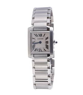 Cartier Tank Francaise Stainless Steel Watch 2384: METAL: Stainless Steel. MEASUREMENTS: Case 20mm excl crown x 25mm, bracelet will fit approx. 7" wrist. Comes with Service papers. MOVEMENT: Quartz - working order. Ref. 2384. Retail $3700. Year 2