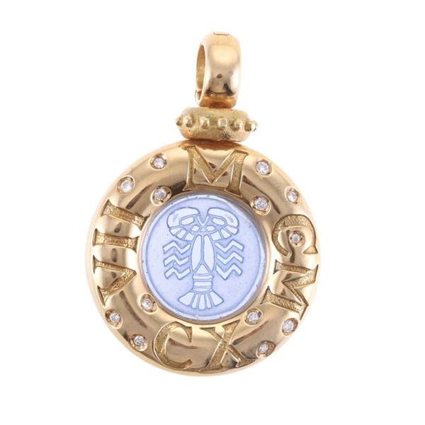 18k Gold Diamond Intaglio Lobster Pendant: METAL: 18k Gold. GEMSTONES: Diamonds approx. 0.30ctw. Glass intaglio. MEASUREMENTS: Pendant is 45mm x 30mm. MARKED: 750. WEIGHT: 21.1 grams.Gemstones have not been graded for color and clarity ,and te