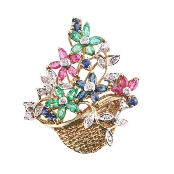 14k Gold Multi Gemstone Diamond Cocktail Brooch Pin (1 of 3)