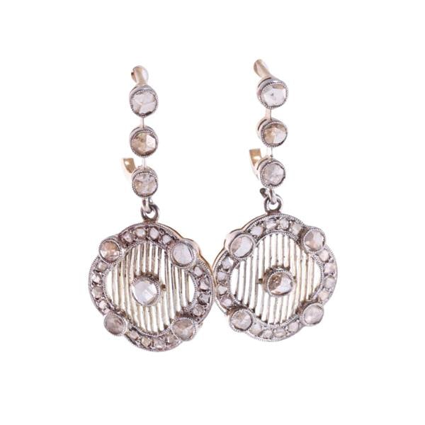 18k Gold Platinum Diamond Earrings: METAL: 18k Gold and Platinum. GEMSTONES: Rose cut diamonds. MEASUREMENTS: Earrings are 30mm x 15mm. TESTED: 18k Plat. WEIGHT: 5.3 grams.Gemstones have not been graded for color and clarity ,and tested