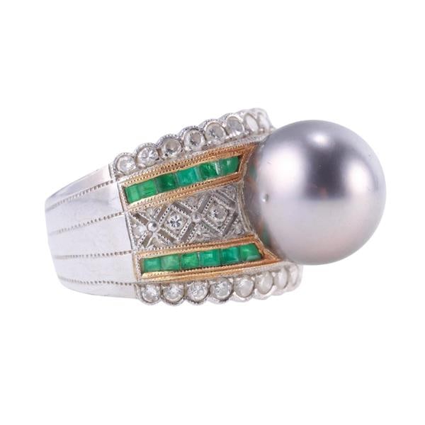 Platinum Diamond Pearl Emerald Ring (1 of 6)