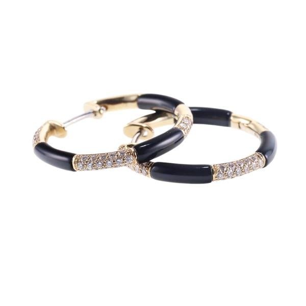 Simon G 18k Gold Diamond Enamel Hoop Earrings: METAL: 18k Gold. GEMSTONES: Diamonds approx. 0.48ctw. MEASUREMENTS: Earrings are 23mm x 3mm. Back needs adjusting. MARKED: 18k d0.48.347038, Simon G. WEIGHT: 4.9 grams.Gemstones have not been graded f