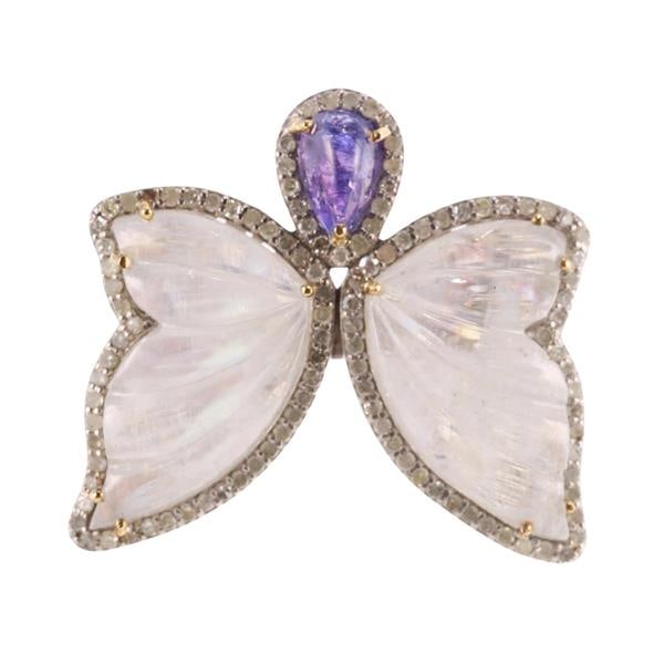 14k Gold Silver Diamond Tanzanite Carved Moonstone Butterfly Ring (1 of 4)