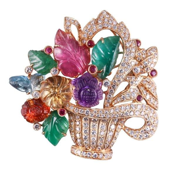 18k Gold Diamond Multi Gemstone Flower Basket Brooch (1 of 3)