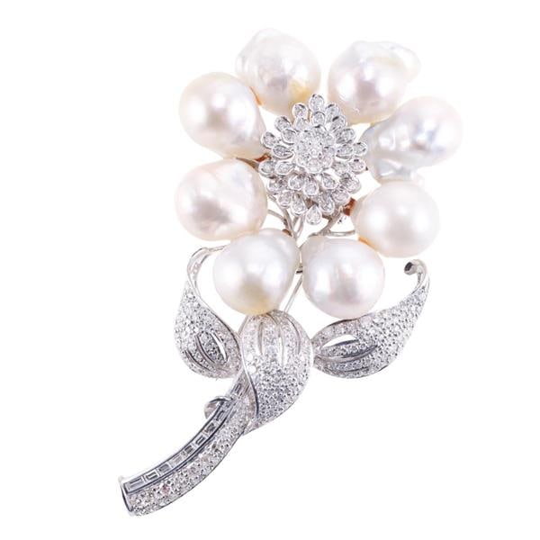 Large 18k Gold Diamond Baroque Pearl Flower Brooch Pin (1 of 3)