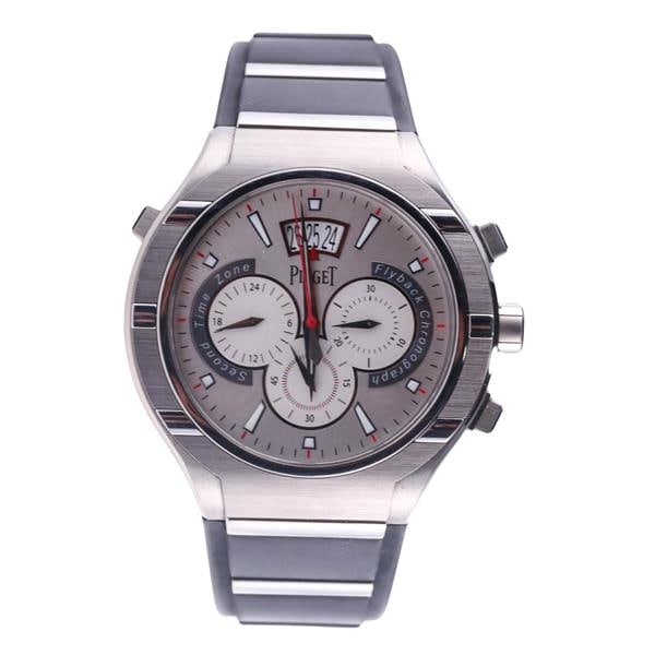 Piaget Polo Chronograph Titanium Watch P10534: METAL: Titanium. MEASUREMENTS: Case 45mm, original rubber band with dual deployment Piaget titanium buckle - 8" . Silvered dial with 3 reg. chronograph. MOVEMENT: Automatic, working order. Ref. P