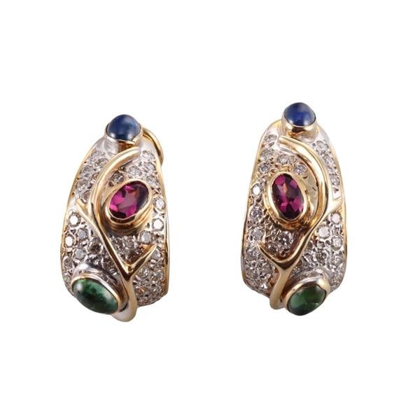 14k Gold Diamond Sapphire Tourmaline Half Hoop Earrings: METAL: 14k Gold. GEMSTONES: Diamonds approx. 1.50ctw, Pink and green tourmaline, Sapphire. MEASUREMENTS: Earrings are 25mm x 13mm. MARKED: 14k. WEIGHT: 15.3 grams.Gemstones have not been graded for co
