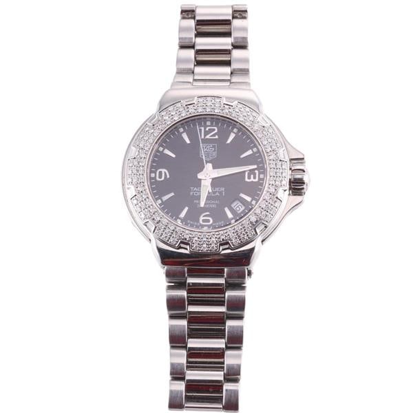 Tag Heuer Formula 1 Diamond Steel Watch WAC1214 0: METAL: Stainless Steel. MEASUREMENTS: Case 36mm, bracelet will fit approx. 7" wrist. Black dial with silvered markers. Diamond bezel. Engraved case back and buckle. MOVEMENT: Quartz - working ord