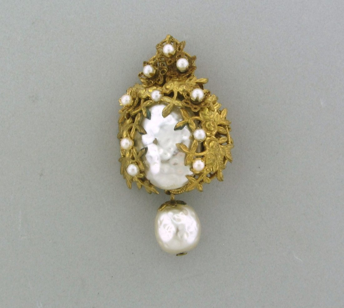 076: Miriam Haskell Faux Pearl and Rhinestone Brooch #2: Approx: 2 1/4" X 1/1/4", Marked on the plate: Miriam Haskell