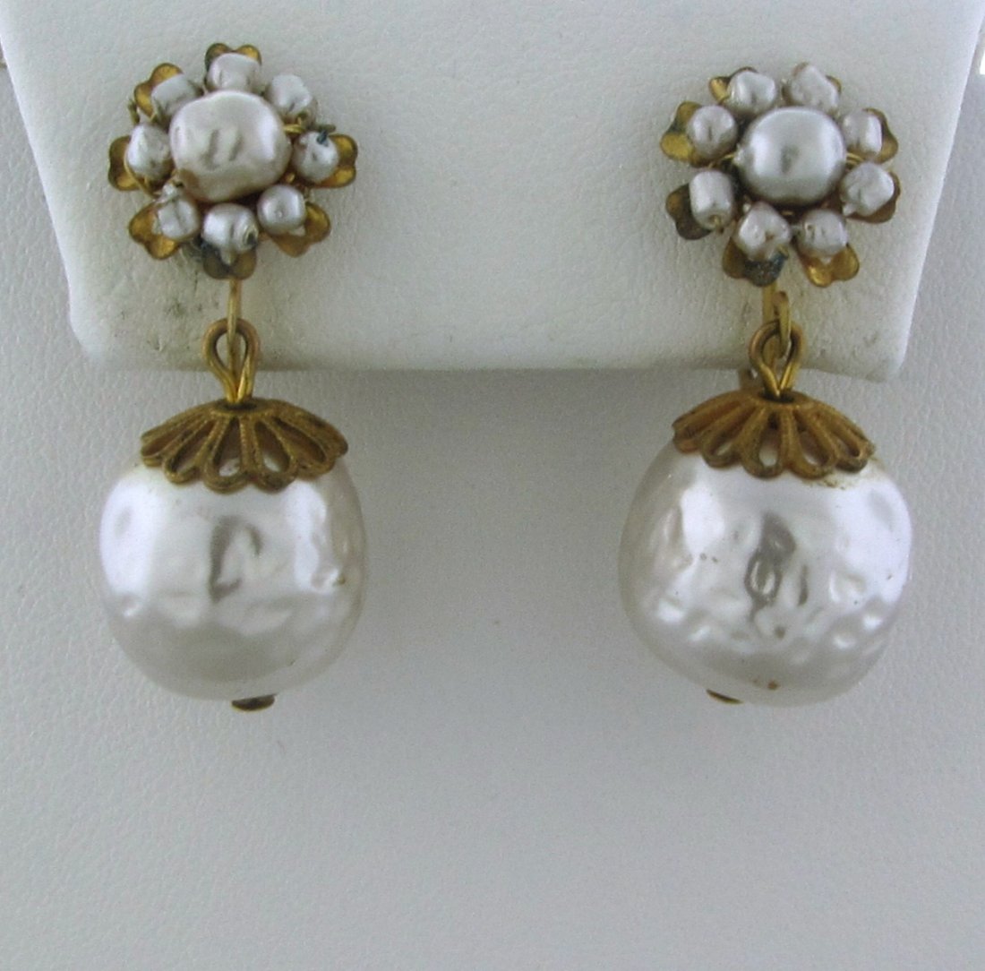 079: Miriam Haskell Faux Pearl Drop Earrings: Marked : Miriam Haskell. 1 5/16" long. Bottom pearl 15mm in diameter.
