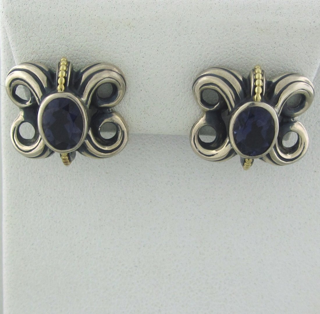 Lagos 14k Gold Sterling Silver Iolite Earrings: Measurements - 17.5mm x 19.5mm. Iolite - 6mm x 8mm. Marks - Hallmark,925,585. Weight - 10.9 grams.