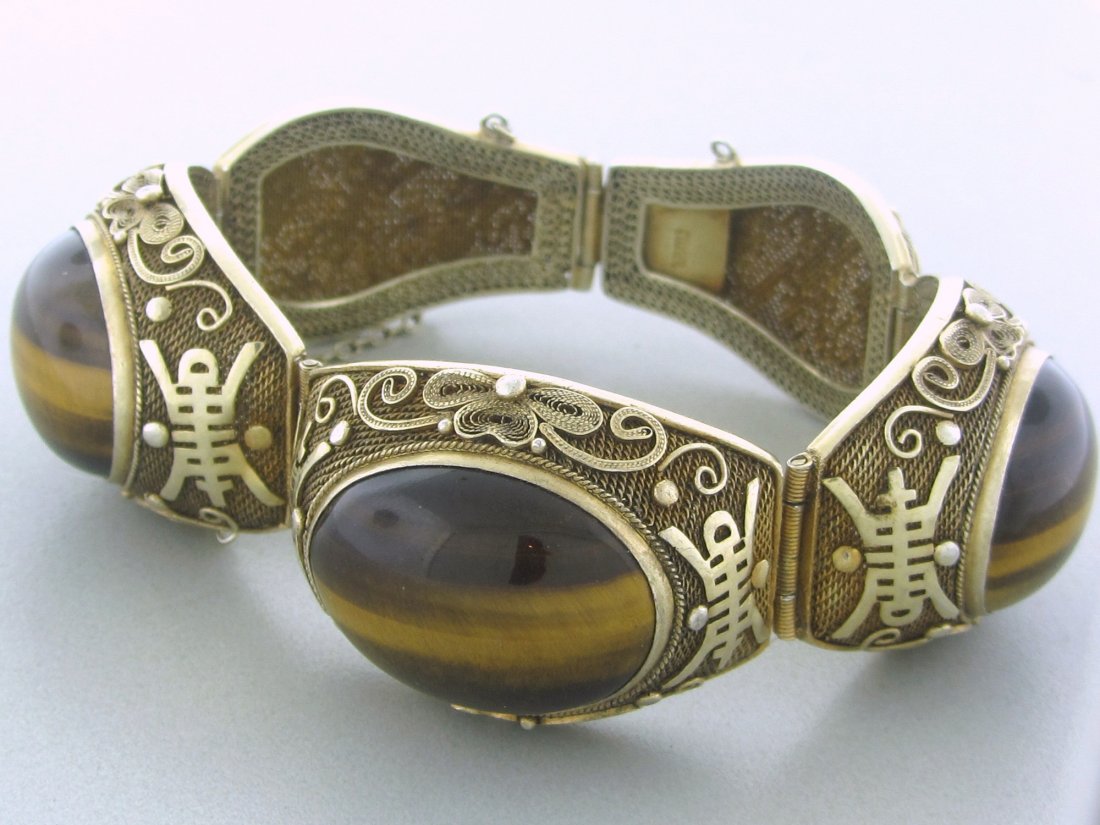 Antique Chinese Silver Tiger Eye Bracelet: Measurements - 7 " long and 23mm wide. tiger eye - 17.5mm x 23mm. weight - 56.9 grams.