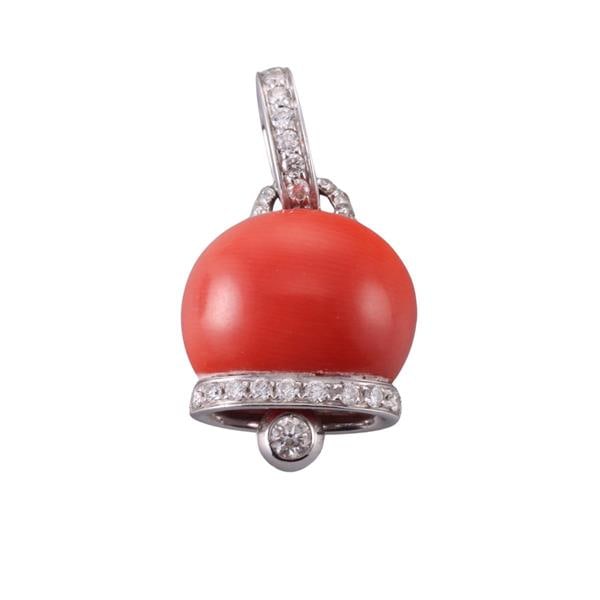 Chantecler 18k Gold Diamond Coral Charm Pendant: METAL: 18k Gold. GEMSTONES: Diamonds approx. 0.32ctw. Coral. MEASUREMENTS: Charm/pendant is with opening bail - 22mm x 14.2mm. MARKED: Chantecler 18kt, Star mark 1059NA 750. WEIGHT: 5.8 grams.Gemstone