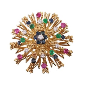 18k Gold Diamond Multi Gemstone Brooch Pin