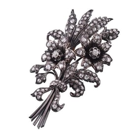 Antique Silver Gold Diamond Flower Brooch Pin