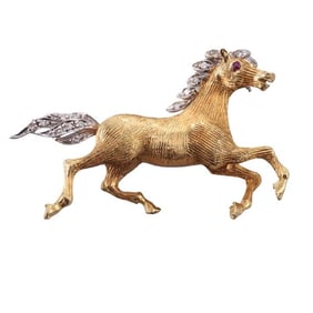 18k Two Tone Gold Diamond Horse Brooch Pin