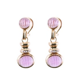 18k Gold Diamond Carved Amethyst Drop Earrings
