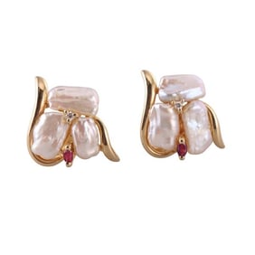 14k Gold Diamond Pearl Earrings