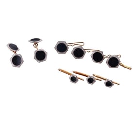 Art Deco 14k Gold Platinum Onyx Cufflinks Stud Set