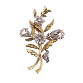 18k Gold Platinum Diamond Flower Brooch Pin