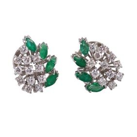 18k Gold Diamond Emerald Cluster Earrings