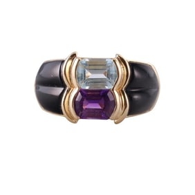 14k Gold Onyx Amethyst Topaz Ring