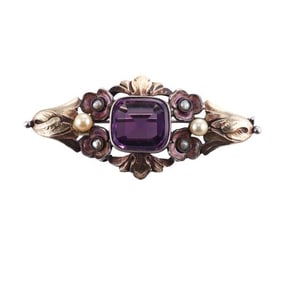 Antique Silver Amethyst Pearl Brooch Pin