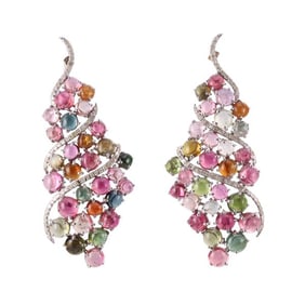 14k Silver Multi Color Tourmaline Diamond Cocktail Earrings