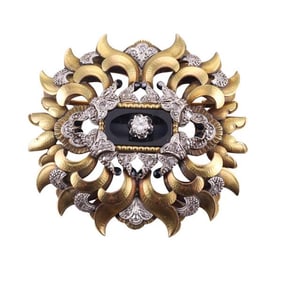 18k Gold Platinum Enamel Onyx Diamond Brooch Pin