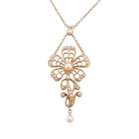 Antique 15k Gold Pearl Flower Pendant Necklace