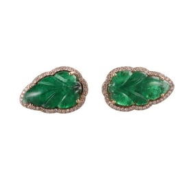 18k Gold Carved Natural Emerald Diamond Earrings