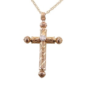 14k Gold Diamond Filigree Cross Pendant Necklace