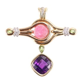 18k Gold Diamond Amethyst Peridot Ruby Pendant