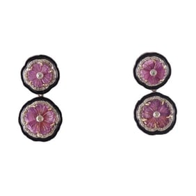 14k Gold Silver Carved Sapphire Diamond Enamel Earrings