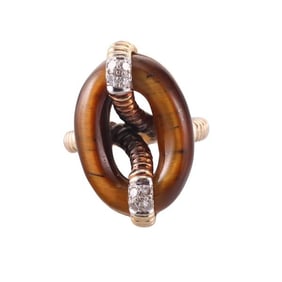 1970s 14k Gold Tiger's Eye Diamond Ring