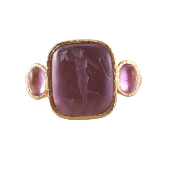 Elizabeth Locke 19k Gold Amethyst Venetian Glass Intaglio Ring: METAL: 19k Gold. MEASUREMENTS: Ring size 6.5, top is 16mm x 23mm. GEMSTONES: Amethyst, Glass. MARKED: 19k, L mark. WEIGHT: 11.9 grams.Gemstones have not been graded for color and clarity, and tested f