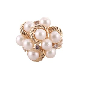 Midcentury 14k Gold Pearl Diamond Cluster Ring