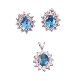 14k Gold Diamond Blue Topaz Earrings Pendant Set