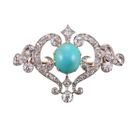 Antique French Platinum Gold Turquoise Diamond Brooch Pin
