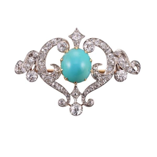 Antique French Platinum Gold Turquoise Diamond Brooch Pin (1 of 3)