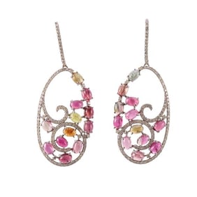 14k Gold Silver Multi  Tourmaline Diamond Large Drop Earrings