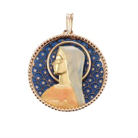 18k Gold Virgin Mary Enamel Pendant