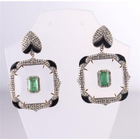 14k Gold Silver Diamond Crystal Emerald Drop Earrings