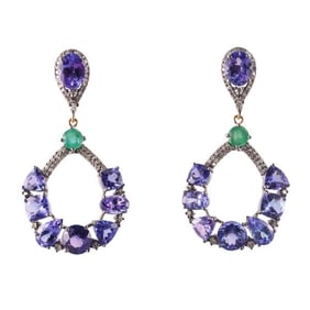 14k Gold Silver Diamond Tanzanite Emerald Drop Earrings