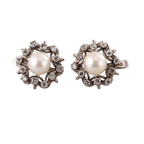 Midcentury Platinum Diamond Pearl Earrings