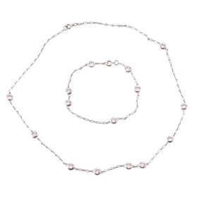 18k Gold Diamond Station Chain Necklace Bracelet Set