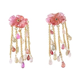 18k Gold Carved Tourmaline Diamond Drop Earrings