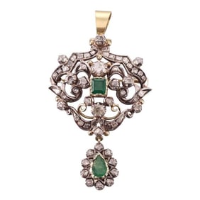 18k Gold Silver Emerald Diamond Brooch Pendant